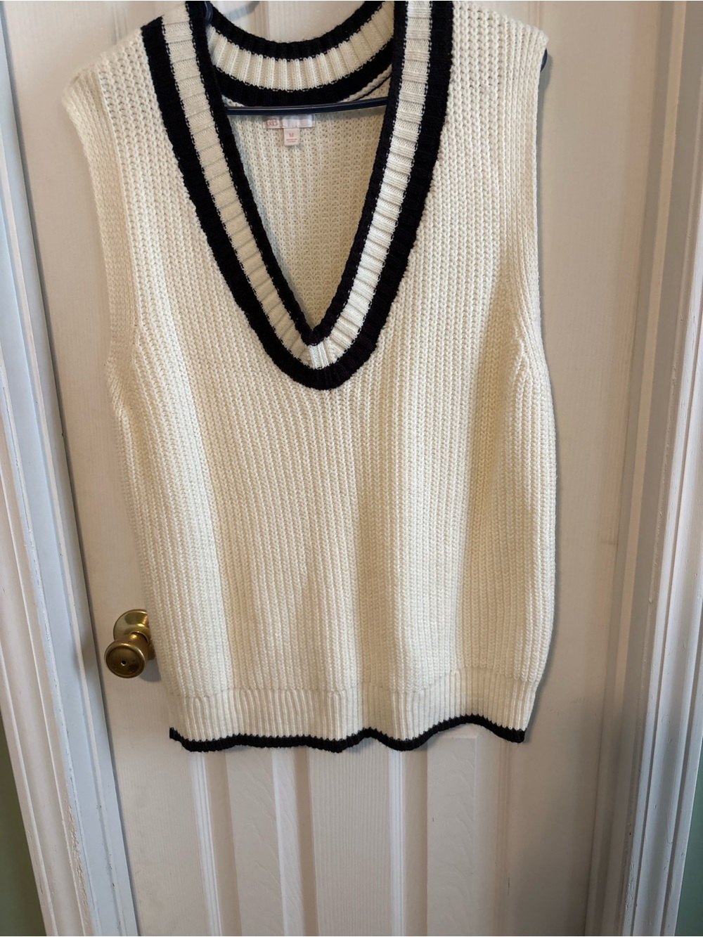 Gianni Bini Cream V-Neck Knit Sweater Vest with Black Trim